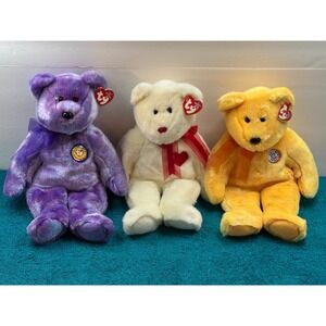 Ty Beanie Buddies Collection Three Teddy Bears Purple Cream Yellow Heart‎ Ribbon
